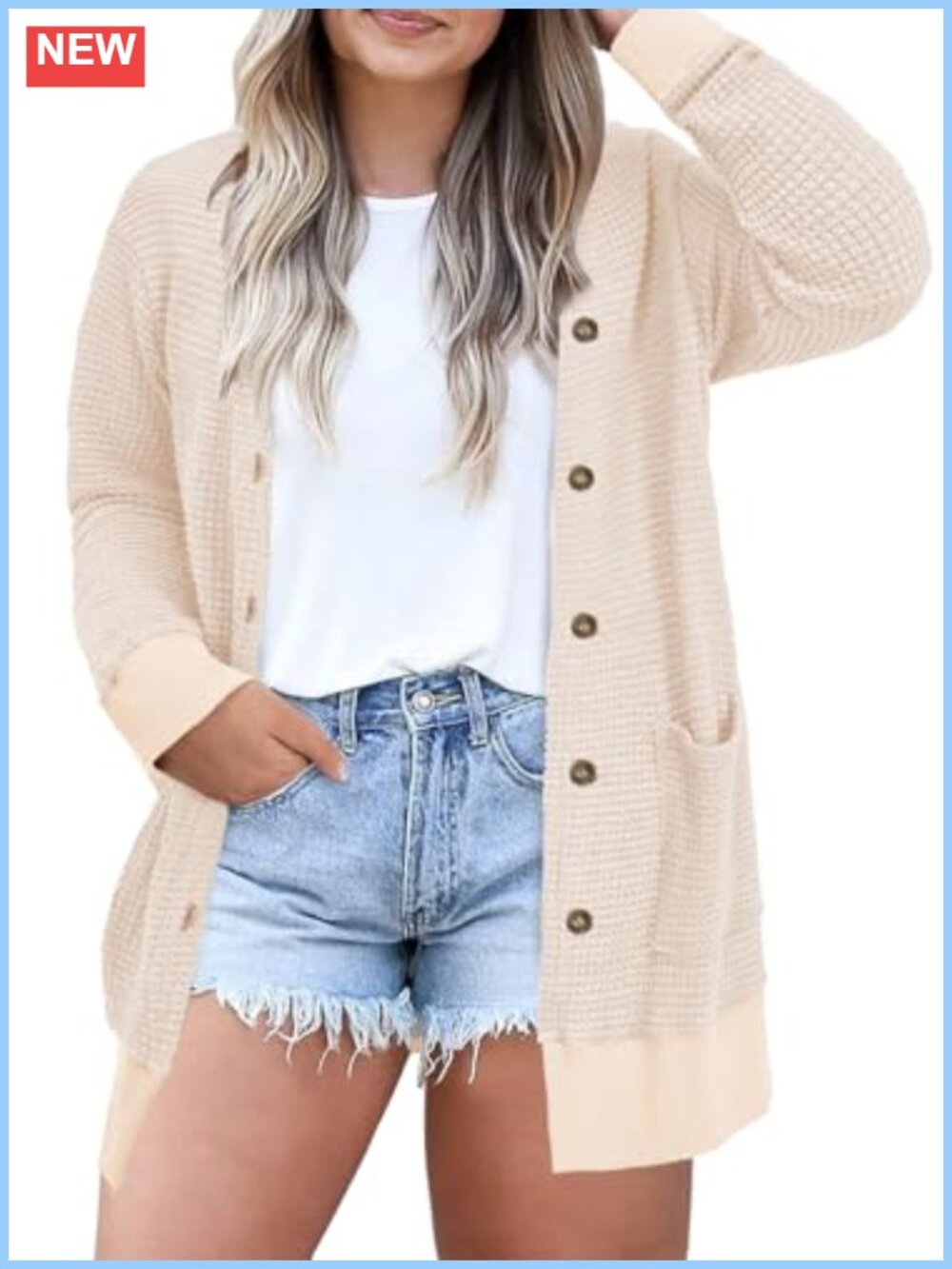 Womens Plus Size Waffle Knit Button Down Cardigan Long Sleeve V-Neck Loose Fit